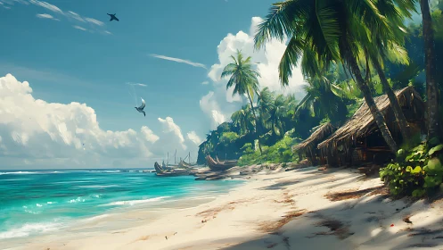 Tropical Beach Settlement with Moored Vessels and Palm Trees