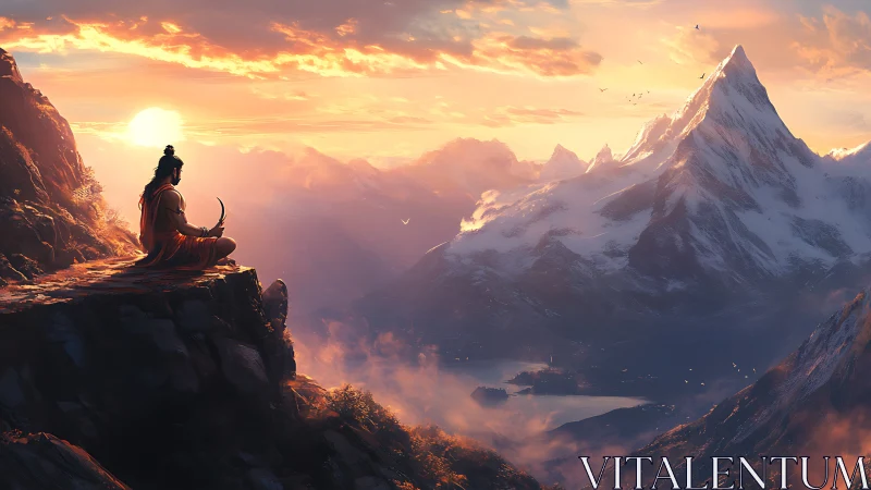 Meditating sage above sunrise valley and snow peak.