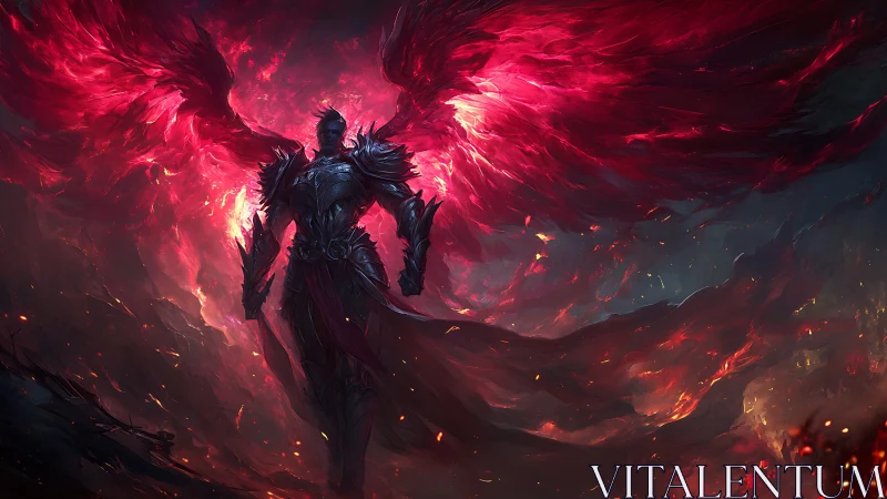 Blazing winged warrior strides through swirling crimson fire