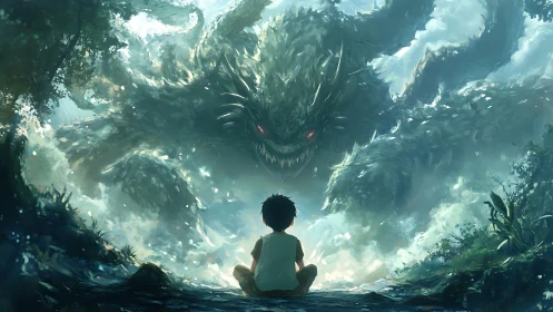 Boy confronts colossal forest spirit amid swirling mist
