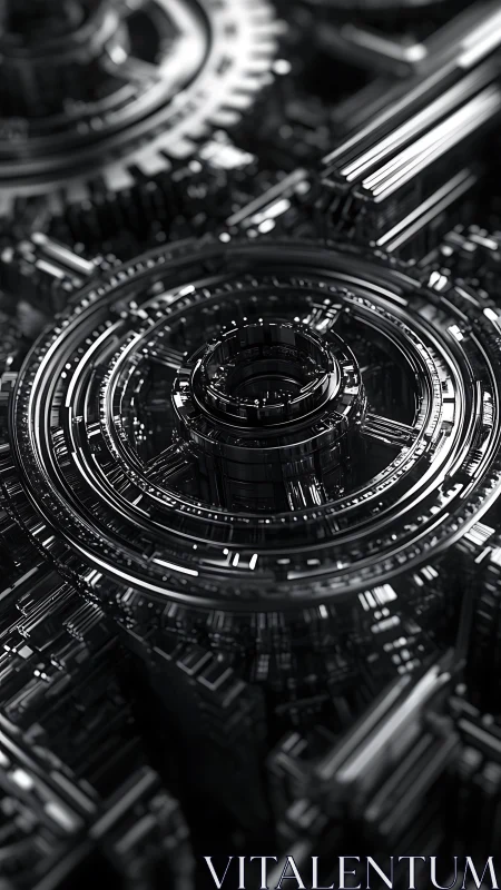 Gleaming mechanical rings in a calm futuristic maze.