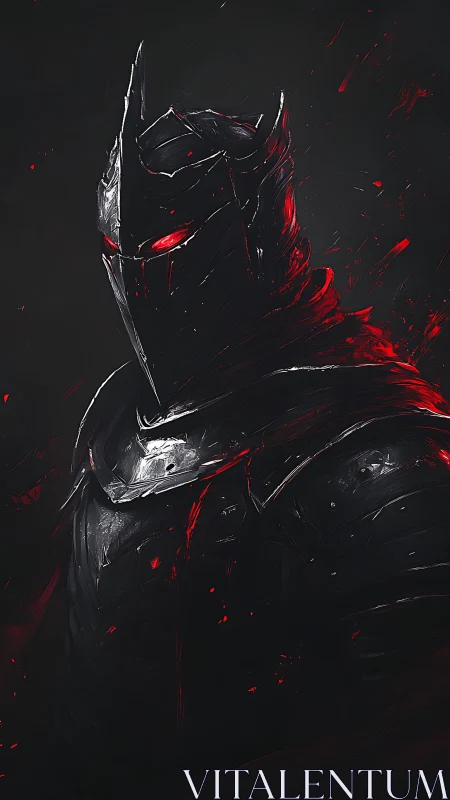 Obsidian armored dark knight with glowing red visor eyes