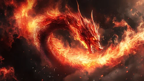 Digital painting of a coiling infernal fire dragon in motion.