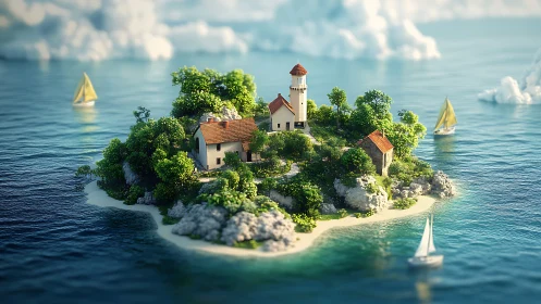 Miniaturized Coastal Island with Architectural Structures and Sailboat Elements