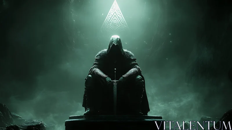 Silent armored guardian rests on a shadowed stone throne