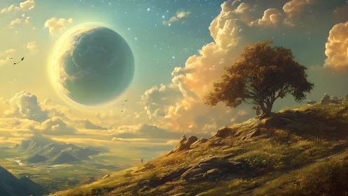 Celestial planet rises over sunlit hillside and lone tree.
