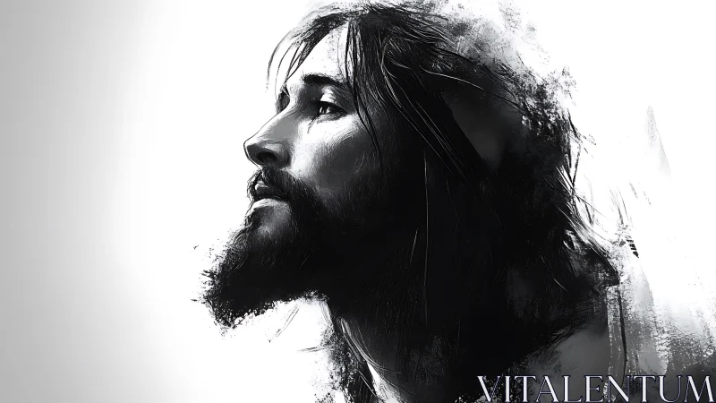 Monochrome profile portrait of bearded long haired figure.