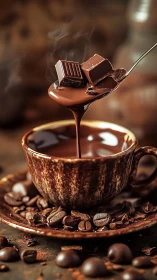 Steaming chocolate cup welcomes rich melting chunks above