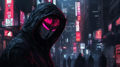 Mysterious neon hooded figure wandering a rainy cyber city.