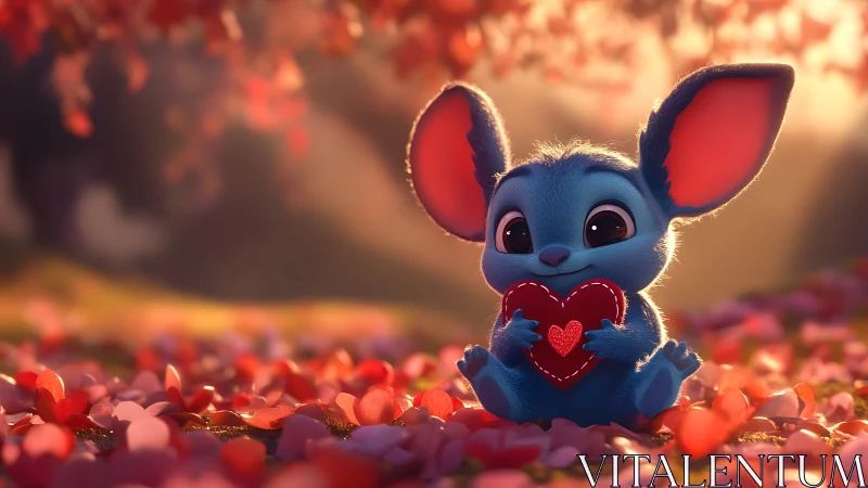 Charming Blue Bunny Holds a Red Heart in a Magical Garden