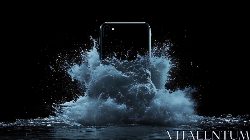 Smartphone emerging from dramatic water splash in dark scene.