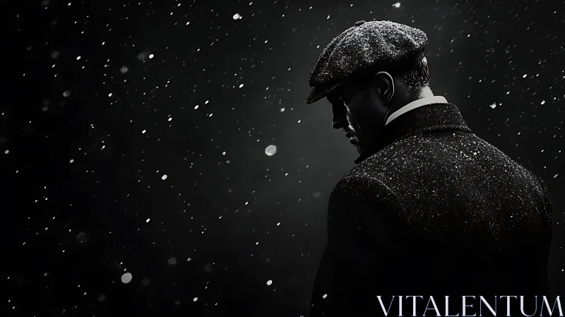 Solitary man in snowfall wearing flat cap at night.