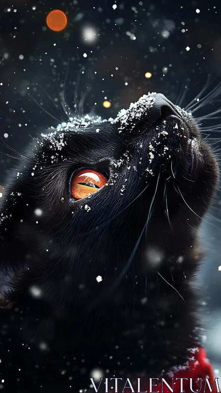 Mystical Black Cat with Fiery Gaze in Winter Snow