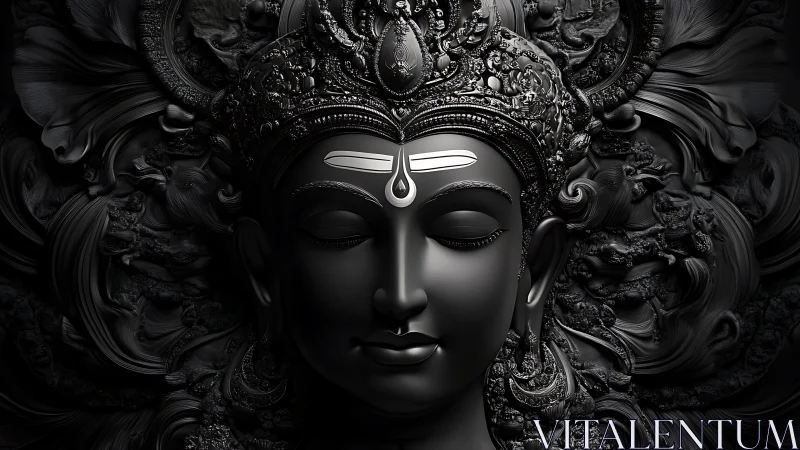 Ornate monochrome 3D deity face sculpture with closed eyes