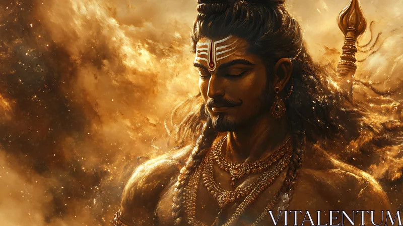 Golden-hued warrior deity portrait in swirling celestial dust
