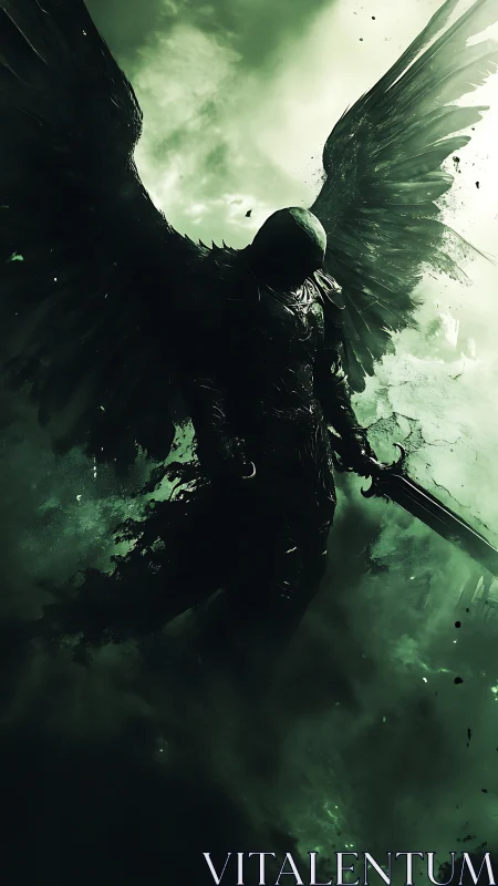 Stormlit fallen angel carves silence through emerald smoke