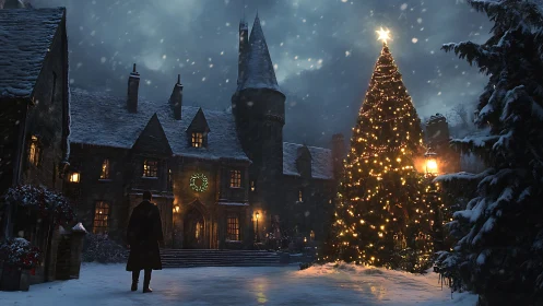 Cinematic winter manor courtyard with illuminated Christmas tree.