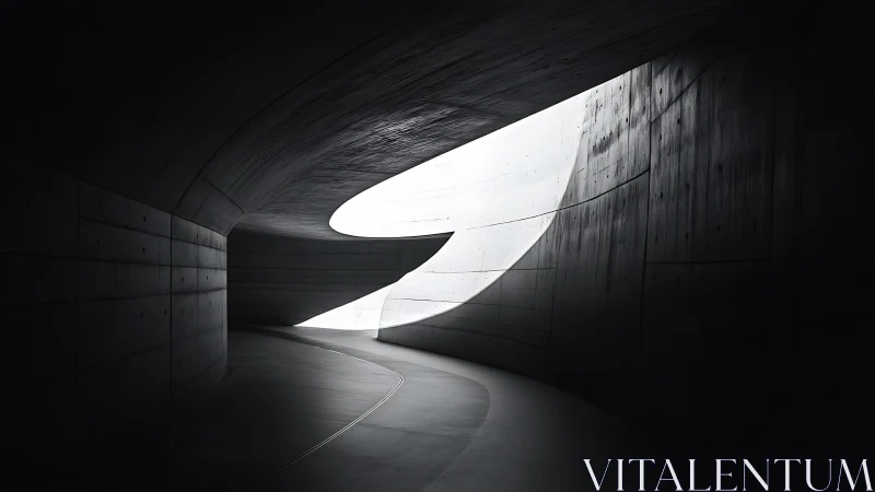 Curved concrete tunnel interior with overhead light opening.