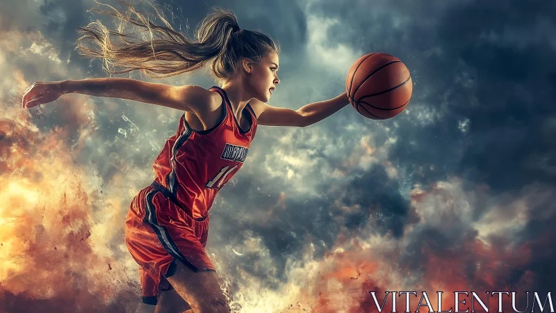 Dynamic female basketball player drives through cinematic smoke