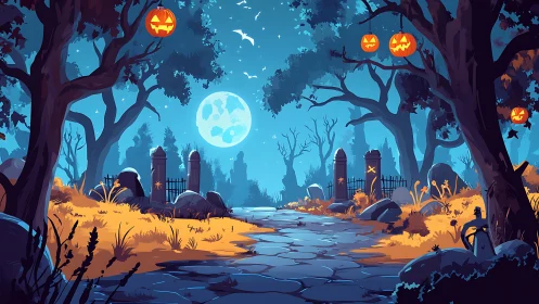 Moonlit Halloween forest path glows with eerie jack-o&rsquo;-lanterns.