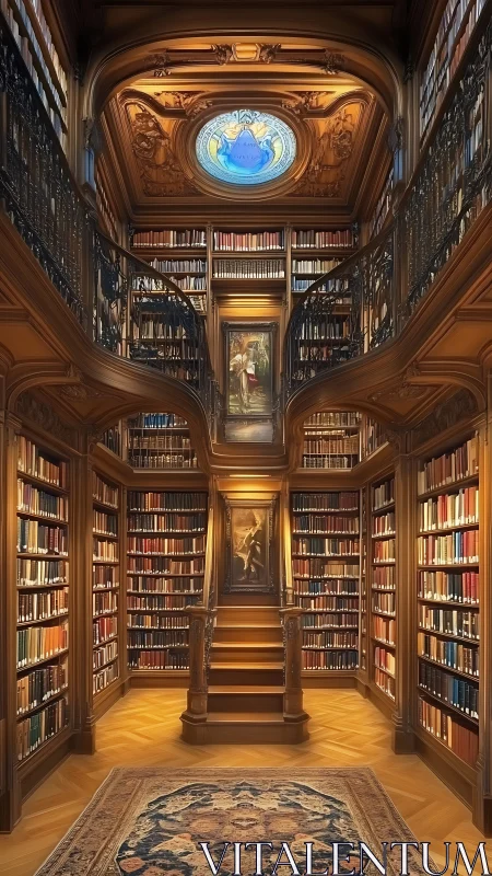 Two-level classical library interior with central stairway.