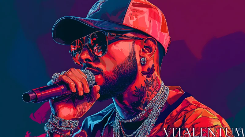 Hip-hop vocalist in neon duotone vector portrait mid-performance