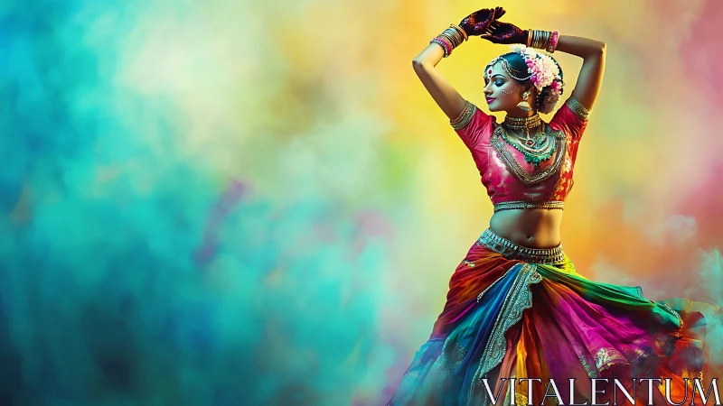 Woman in traditional dance pose amid diffuse color field.