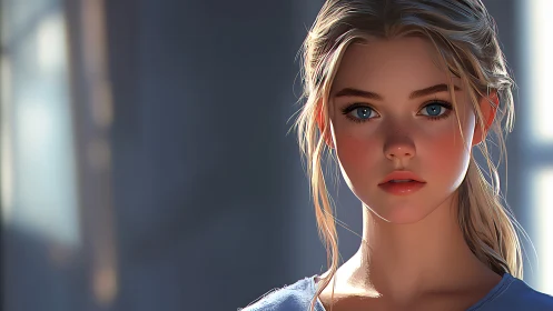 Sunlit freckled daydreamer framed in quiet window glow.