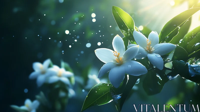 Light-filtered botanical composition with white flowering plant.