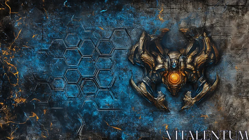 Futuristic mech emblem glows against distressed blue wall