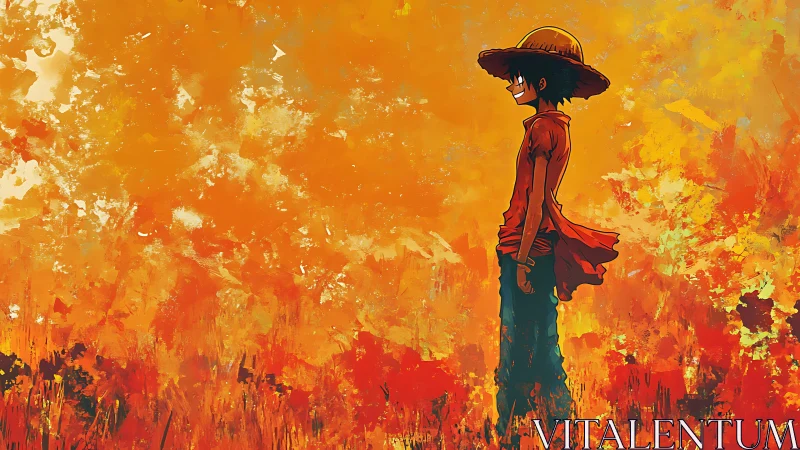 Straw-hatted silhouette amid incandescent painterly fieldscape.