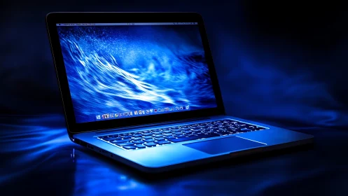 Open laptop displays blue wave graphic on illuminated surface