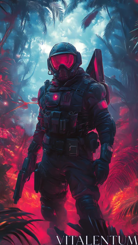 Neon jungle trooper strides through inferno misted canopy.