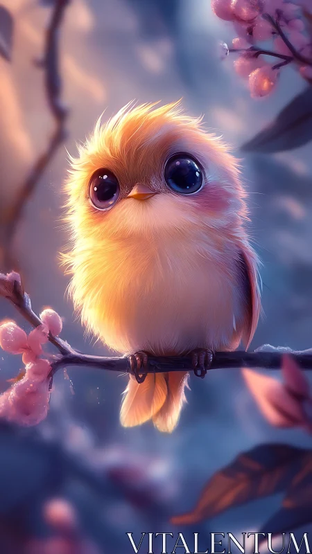 Round yellow songbird sits on branch in soft sunset light