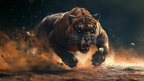 Digital rendering shows tiger sprinting through airborne dust