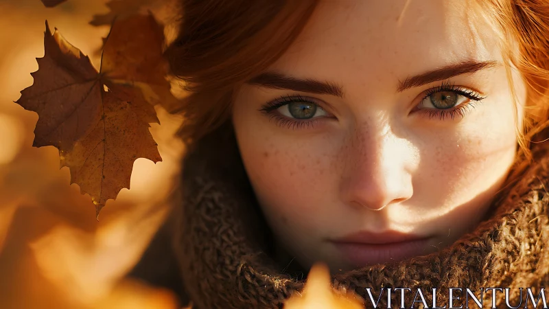 Autumn portrait isolates freckled face in shallow depth of field