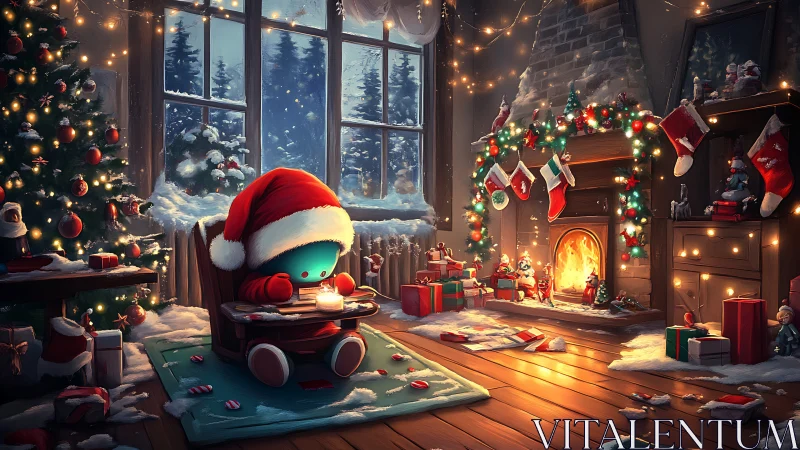 Cozy robot in Santa hat reading by glowing Christmas hearth.