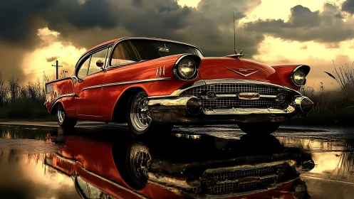 Classic red 1950s car parked on wet road at sunset.