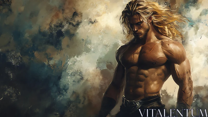 Stormforged warrior strides through swirling painted thunder.