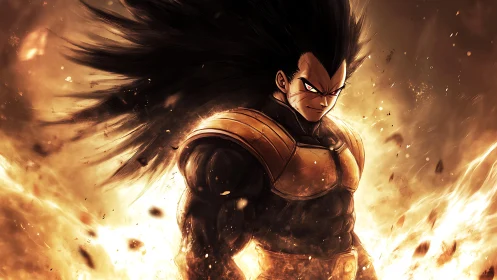 Saiyan warrior amid blazing golden inferno, power surging.