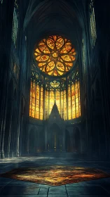 Gothic cathedral interior with illuminated rose window.