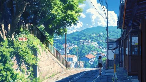 Sunlit hillside street overlooks tranquil summer townscape.