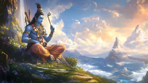 Blue-skinned seated figure in mountainous landscape setting.