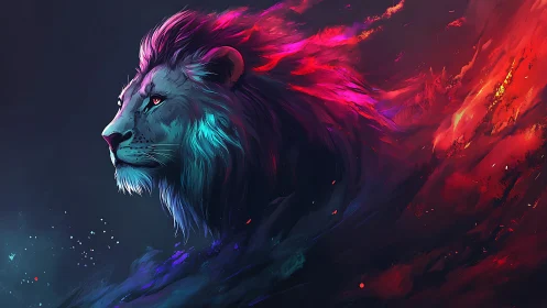 Starlit neon lion blazing through cosmic twilight storm.