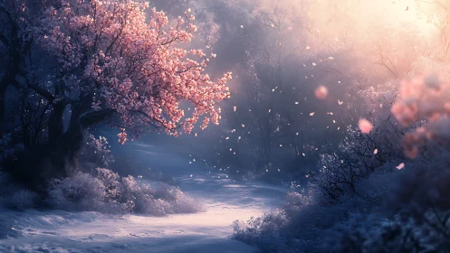 Soft pink blossoms glowing over a quiet snowy forest path.
