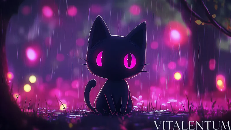 Black cartoon cat under neon rain in stylized forest scene.