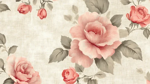 Vintage pink roses bloom over textured linen ground.