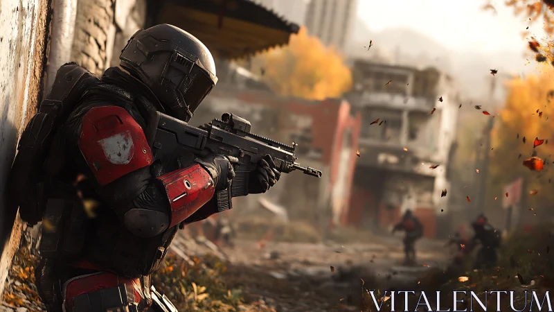 Armored soldier advancing through ruined autumn streets.