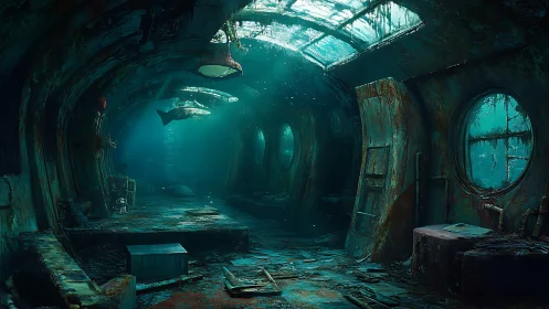 Sunken corridor glows softly as sea life drifts through ruins