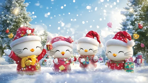 Festive kitten characters celebrate in luminous winter snow.